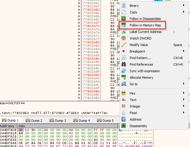 x32dbg memory map showing region containing the PE to be dumped
