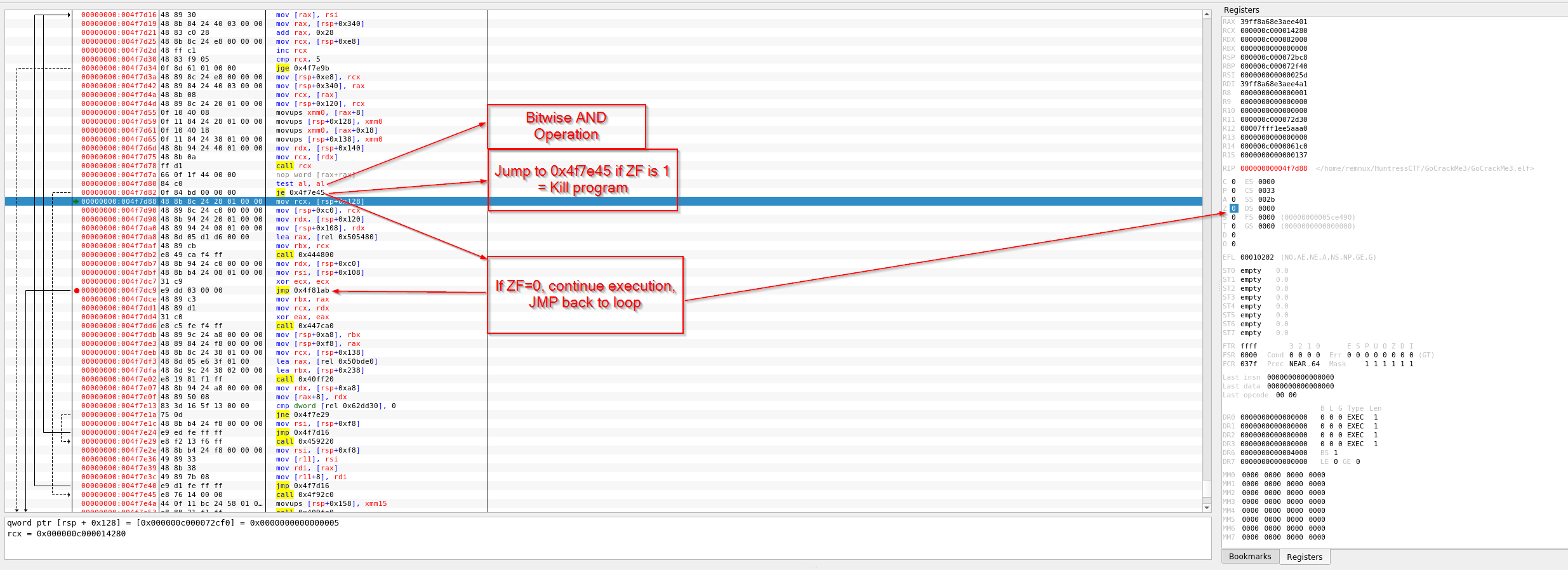 EDB breakpoint at 0x4f7d82 with Zero Flag being set to 0 to continue the loop