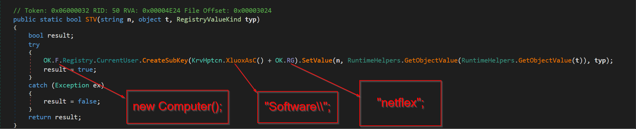 DNSpy showing STV function that writes captured keystrokes to the registry