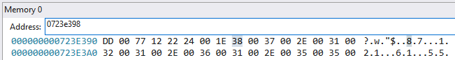 WinDbg memory view at 0723e398 showing C2 IP address 87.121.61.55 as ASCII string