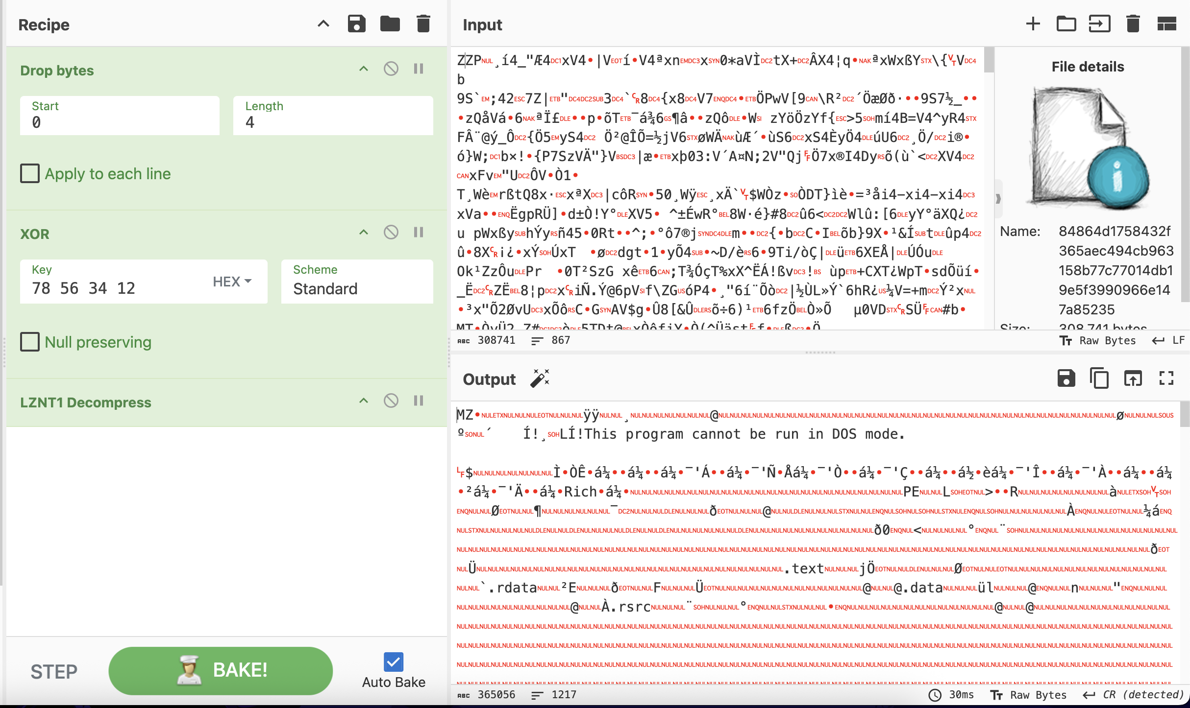 CyberChef recipe decrypting the UPATRE payload with XOR key 78563412 and LZNT1 decompression