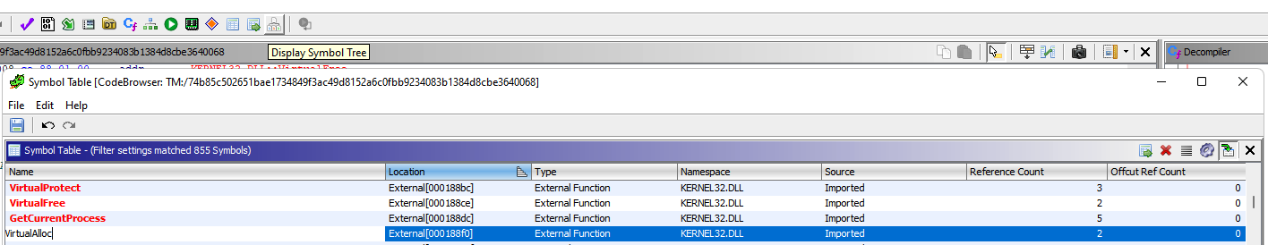 Ghidra Symbol Tree with VirtualAlloc selected showing cross-reference listing