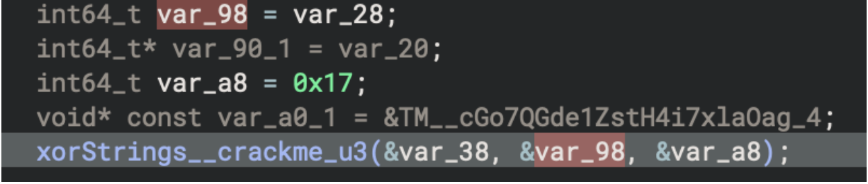 IDA Pro showing var_98 passed as 2nd argument to _xorStrings__crackme_u3_ function