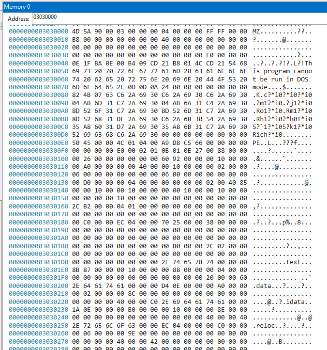 WinDbg memory view at 03030000 showing MZ and PE header of unpacked second-stage binary