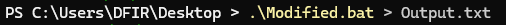 output of executed batch file showing resolved PowerShell command