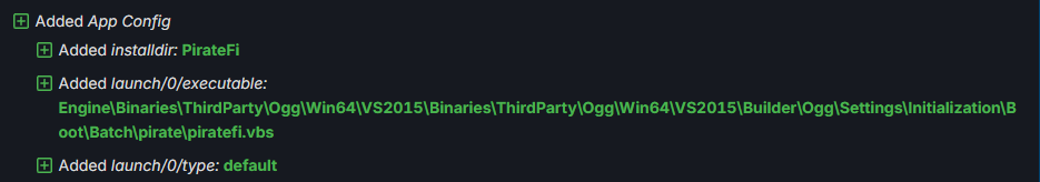 SteamDB changelist 27351505 showing embedded VBS script added to PirateFi game files