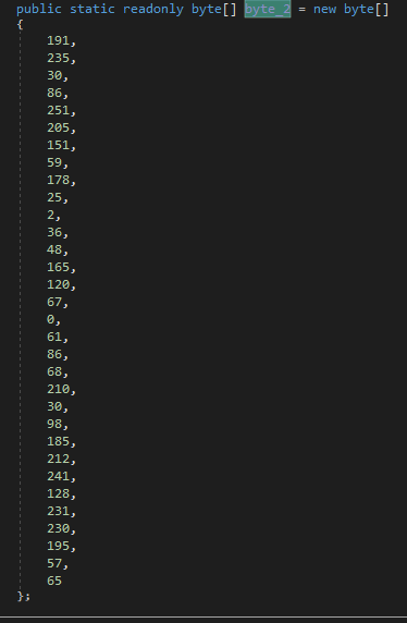 DNSpy showing GClass30.byte2 field containing the PBKDF2 salt value