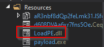DNSpy showing heavily obfuscated .NET binary with LoadPE reference indicating a loader