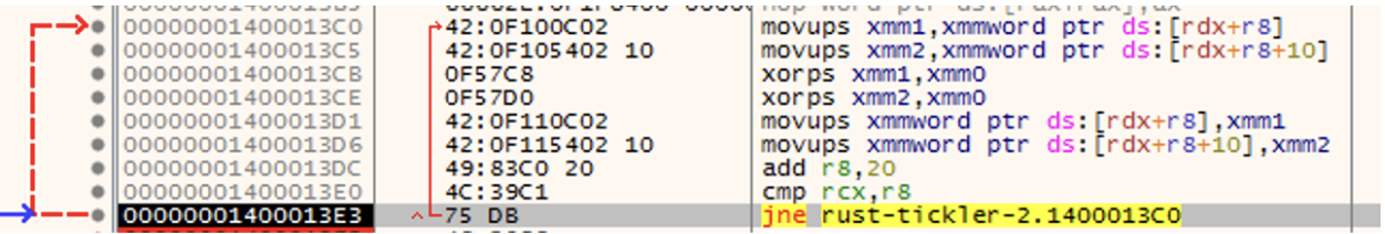 x64dbg disassembly showing XOR decryption loop iterating over the data buffer