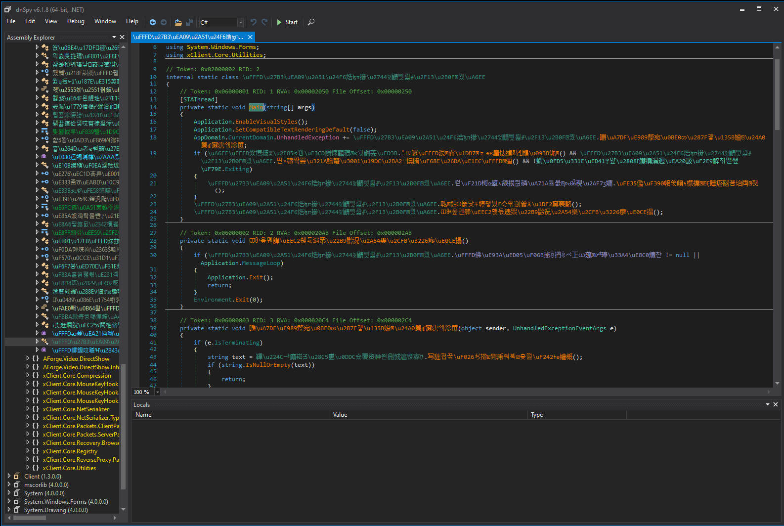 DNSpy showing heavily obfuscated Quasar RAT binary with renamed symbols