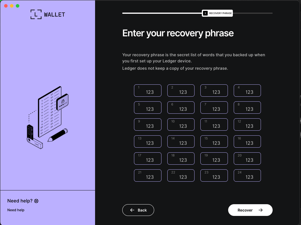 backdoored Ledger app recovery step 3 page collecting seed words for exfiltration to ledger-gate.coupons