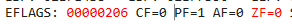 WinDbg registers view showing Zero Flag cleared to 0 after Parallels string found