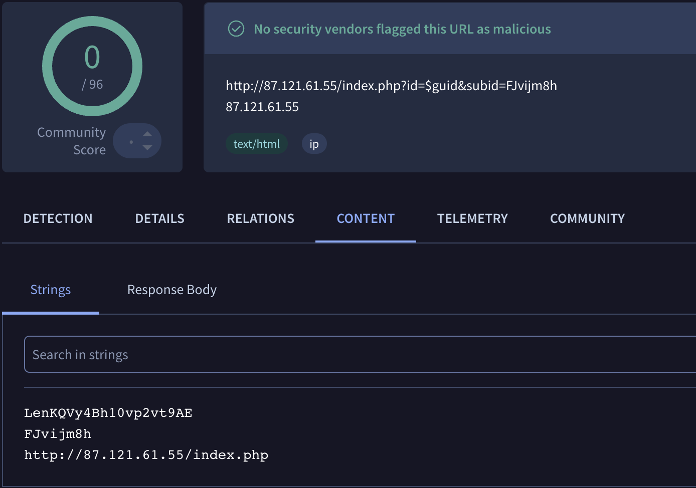 VirusTotal showing cached C2 response with XOR key and victim arguments for KoiStealer