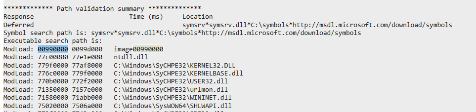 WinDbg showing entry point address when loading the unpacked binary to determine base address