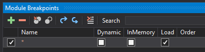 DNSpy module breakpoints dialog with wildcard breakpoint set for all modules