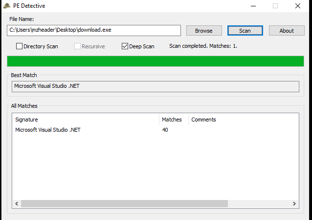 DetectItEasy identifying the extracted binary as a .NET executable