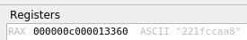 EDB registers view showing partial flag string in RAX after first loop iteration