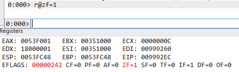 WinDbg command r@zf=1 setting Zero Flag to 1 to bypass the jnz anti-VM check