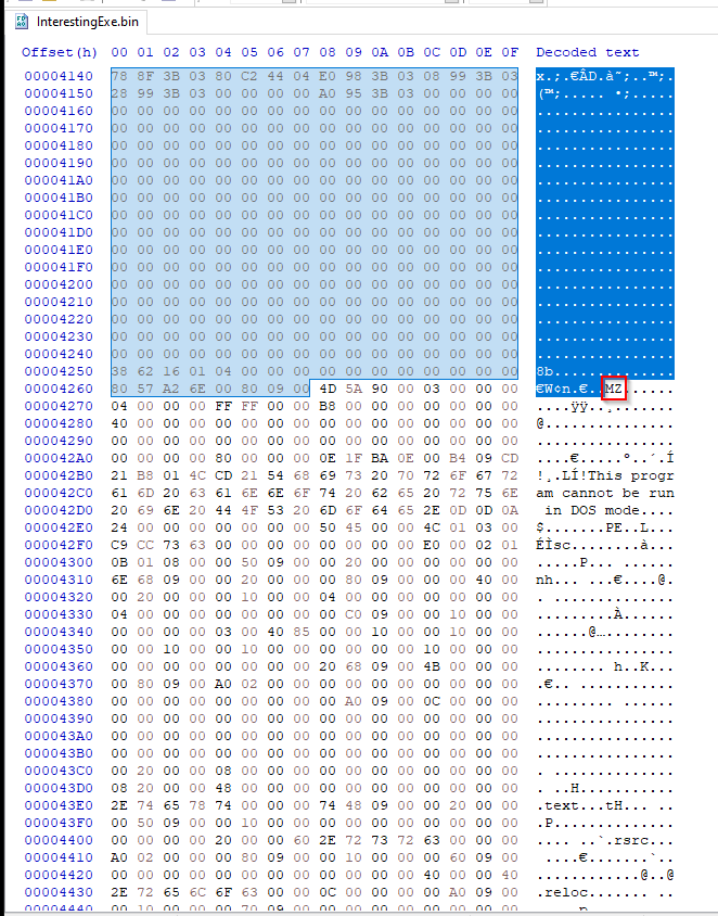 HxD hex editor showing raw memory dump with data before MZ header to be removed
