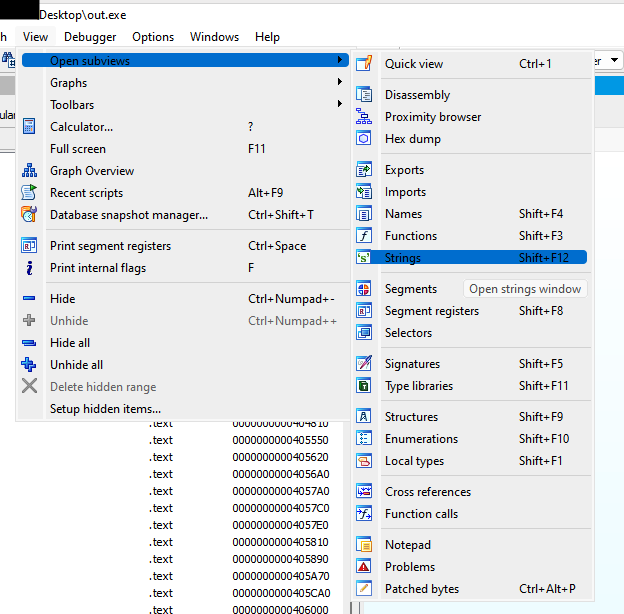 IDA Pro strings view of the unpacked KoiLoader binary showing notable strings
