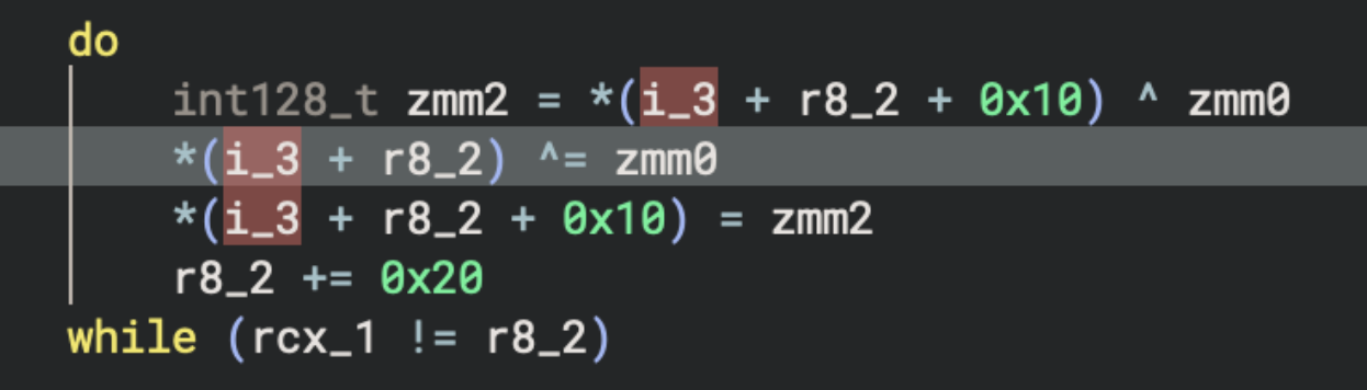 x64dbg disassembly showing XOR operation applied to i_3 data using XMM0 key
