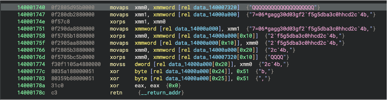 IDA Pro disassembly showing string bytes being XORd with 0x51 in Rust Tickler