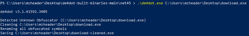 De4Dot detecting and cleaning the obfuscated Quasar RAT binary