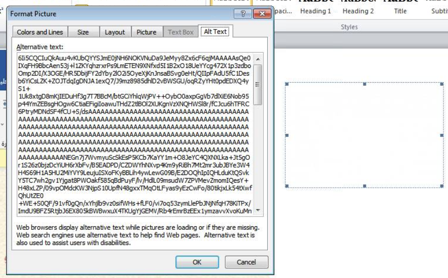 word document Alternative Text field containing hidden base64 payload