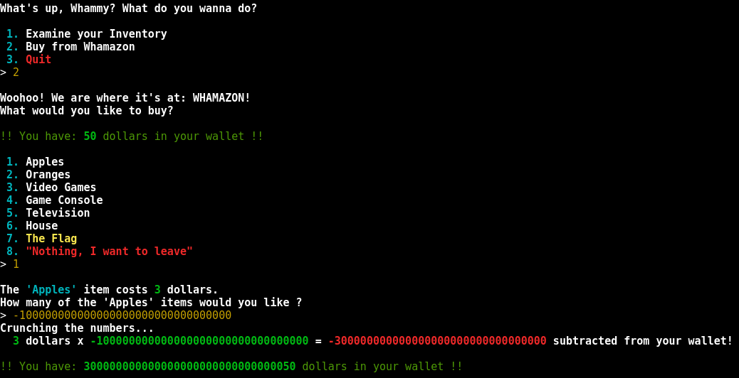 Whamazon terminal showing negative quantity purchase granting infinite money
