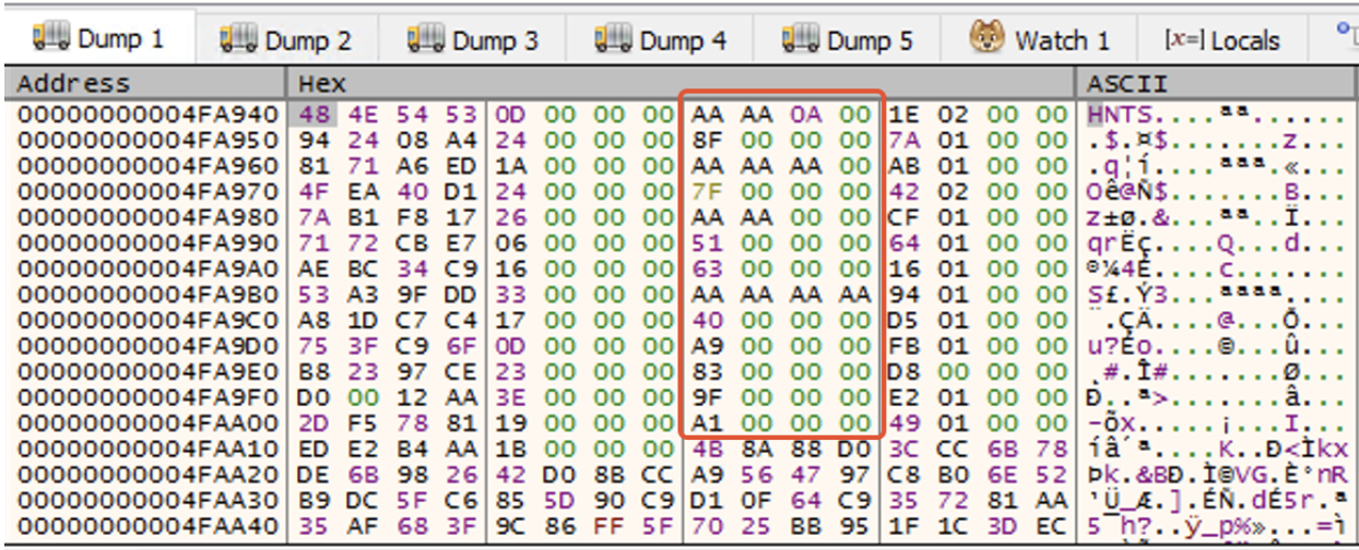 hex view of decrypted HNTS structure showing ID fields and their offsets