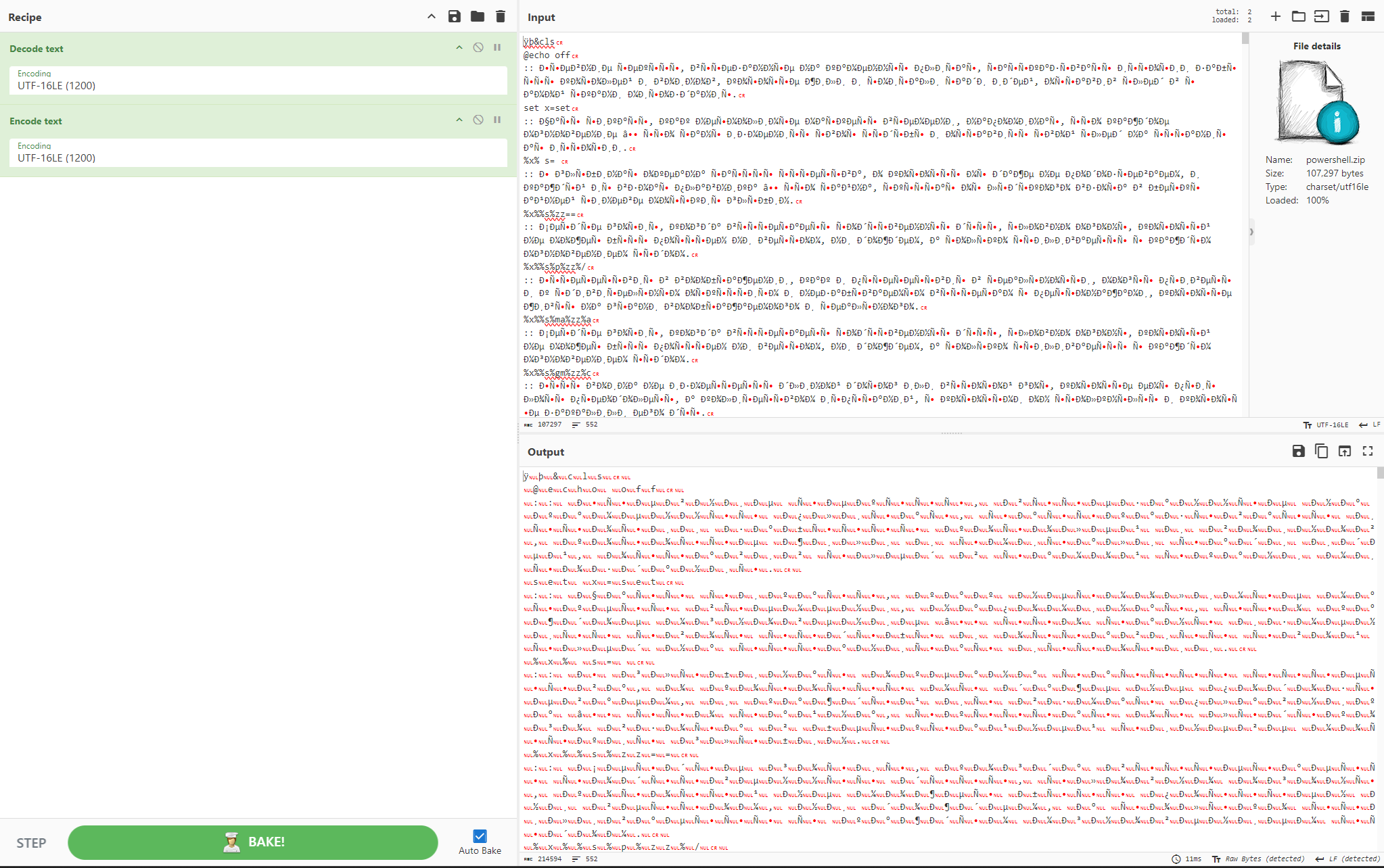 CyberChef UTF-16LE decode and re-encode fixing the batch script encoding