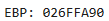 WinDbg registers showing EBP value 026FFA90 used to calculate the pointer address