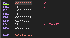 WinDbg showing carved DLL being called with VFPower export