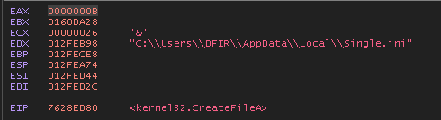 WinDbg memory view showing file path Single.ini being passed to CreateFileA