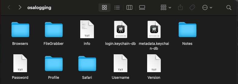 directory tree showing exfiltrated data structure in /tmp/osalogging.zip with browser and wallet folders