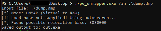 pe_unmapper tool realigning the memory-dumped PE from virtual to raw addresses