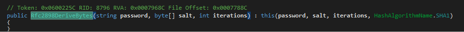 DNSpy showing PBKDF2 parameters: password, salt, 50000 iterations, SHA1