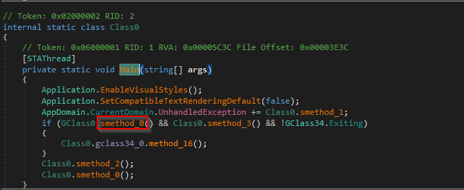 DNSpy showing entry point calling configuration initialisation method shortly after startup