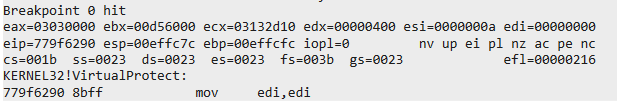 WinDbg breakpoint hit on VirtualProtect showing current instruction pointer