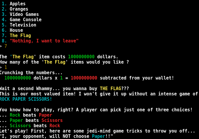 Whamazon terminal showing rock-paper-scissors game always choosing paper