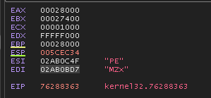 WinDbg memory view showing MZ and PE header of DLL loaded from Single.ini