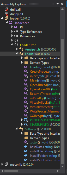 DNSpy decompiled code showing process injection targeting svchost.exe