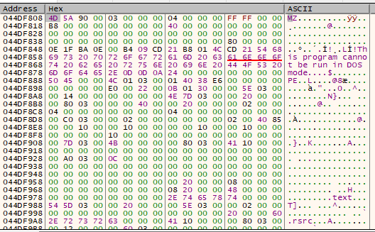 x32dbg dump view showing PE header bytes confirming executable format