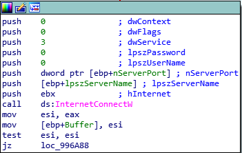 IDA Pro disassembly showing InternetConnectW XREF with remote address pushed via EBP register